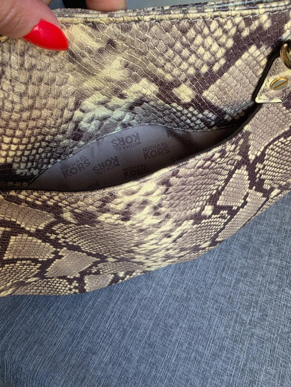 Michael Kors Cream Phython Snake Skin Gold Chain Tote Handbag Purse